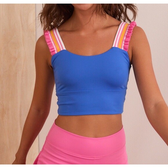 AS Revival Women’s All Along Ruffle Tank Blue Size S Bralette Top Cross Back - Picture 1 of 8